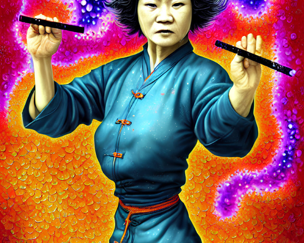 Colorful digital art: Woman in blue traditional attire with drumsticks, fiery background.