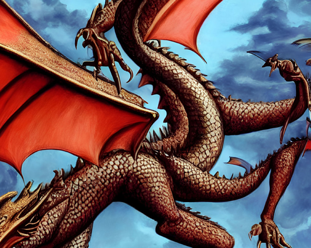 Red-winged dragon soaring amidst stormy blue clouds