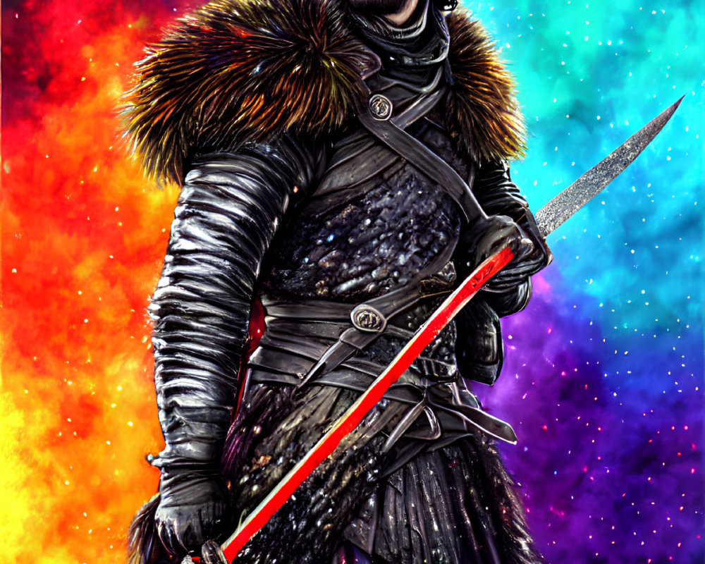 Illustration of medieval warrior in fur cloak and armor with sword on cosmic backdrop