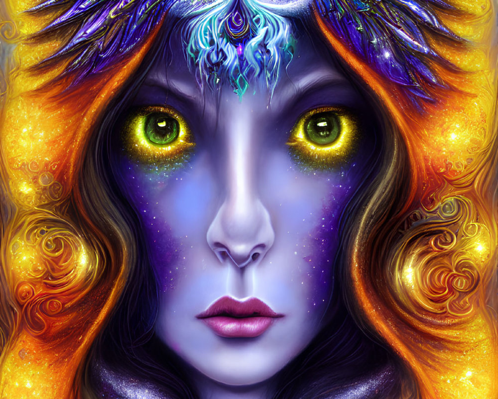 Colorful digital artwork of woman with yellow eyes and ornate headdress surrounded by vibrant patterns