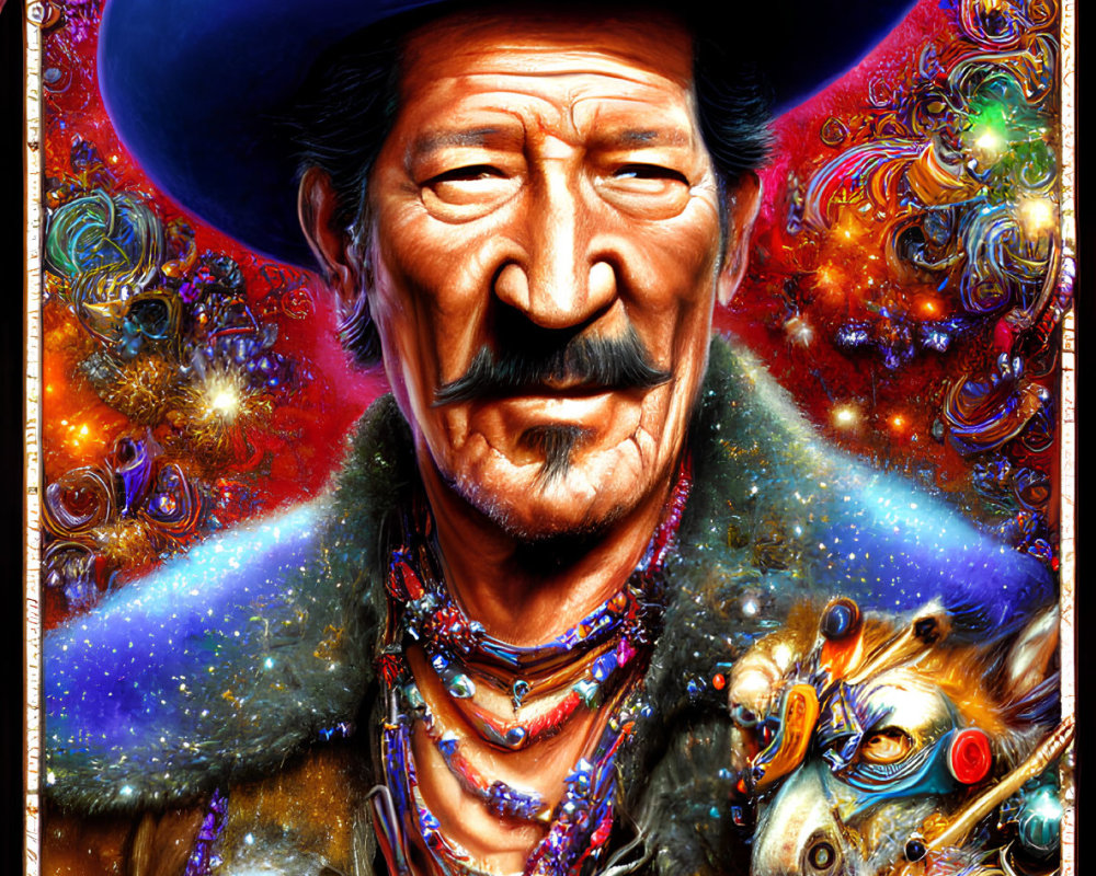 Colorful portrait of a man in purple hat and coat with cosmic background