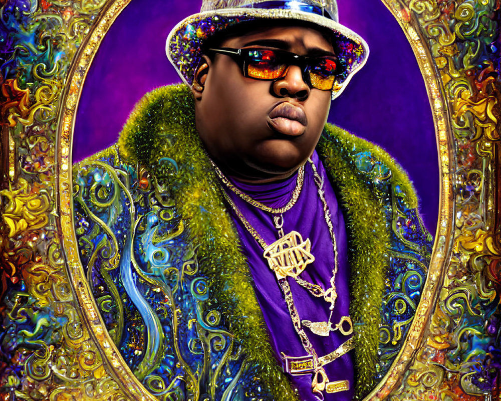 Colorful Stylized Portrait of Man with Sunglasses and Hat in Ornate Oval Frame