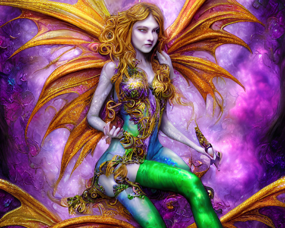 Golden-haired fairy with ornate wings in green attire on mystical purple backdrop.