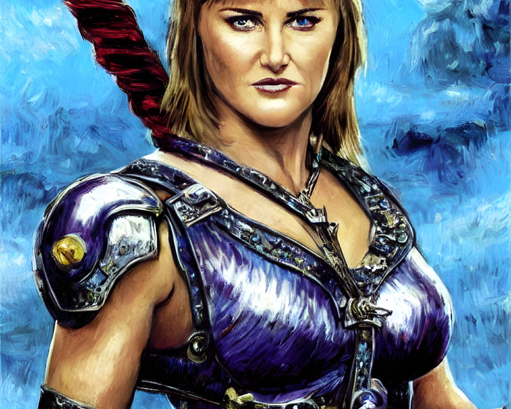 Fierce Warrior in Silver Armor Against Blue Sky