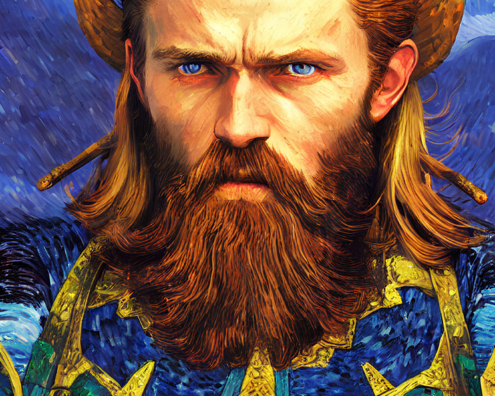 Bearded man in Viking helmet and ornate blue-gold armor