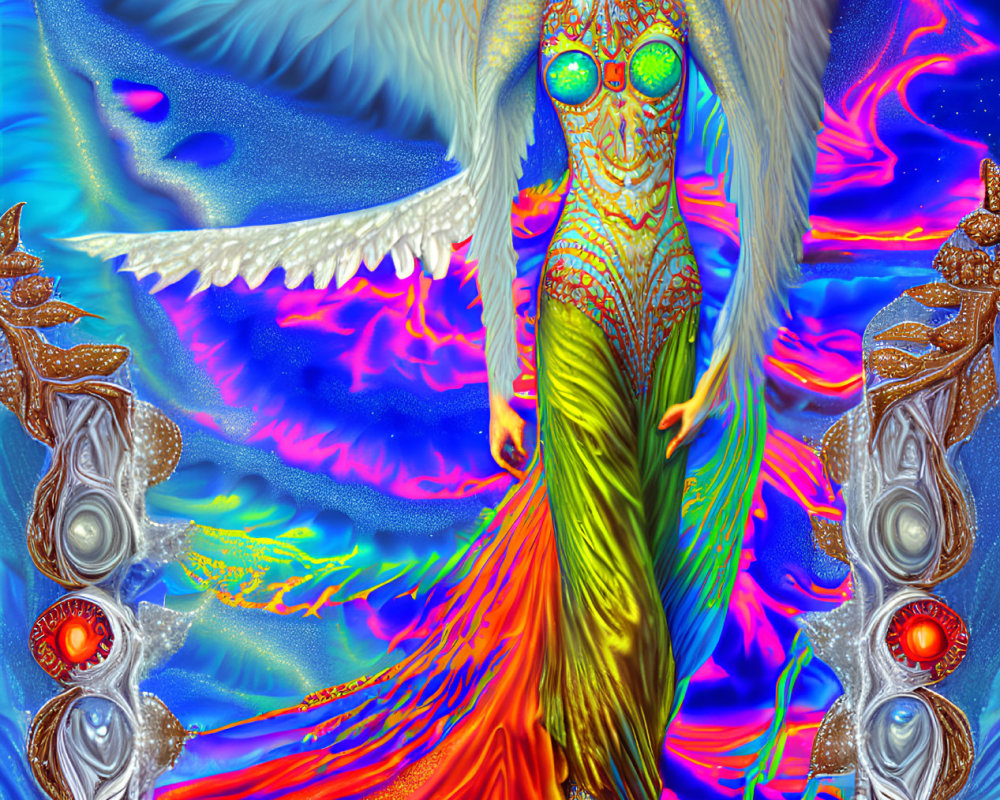 Colorful digital artwork of ethereal figure with wings and red hair on cosmic background