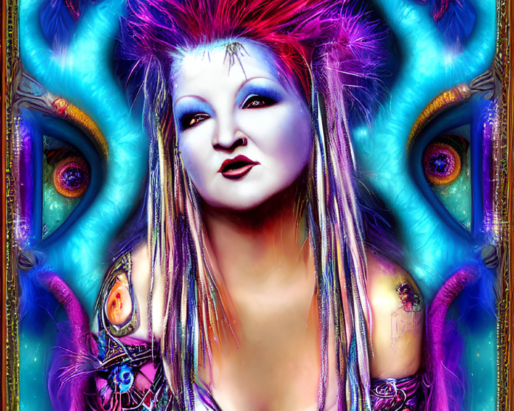 Colorful Digital Artwork: Person with Punk Makeup & Mohawk, Fantastical Elements