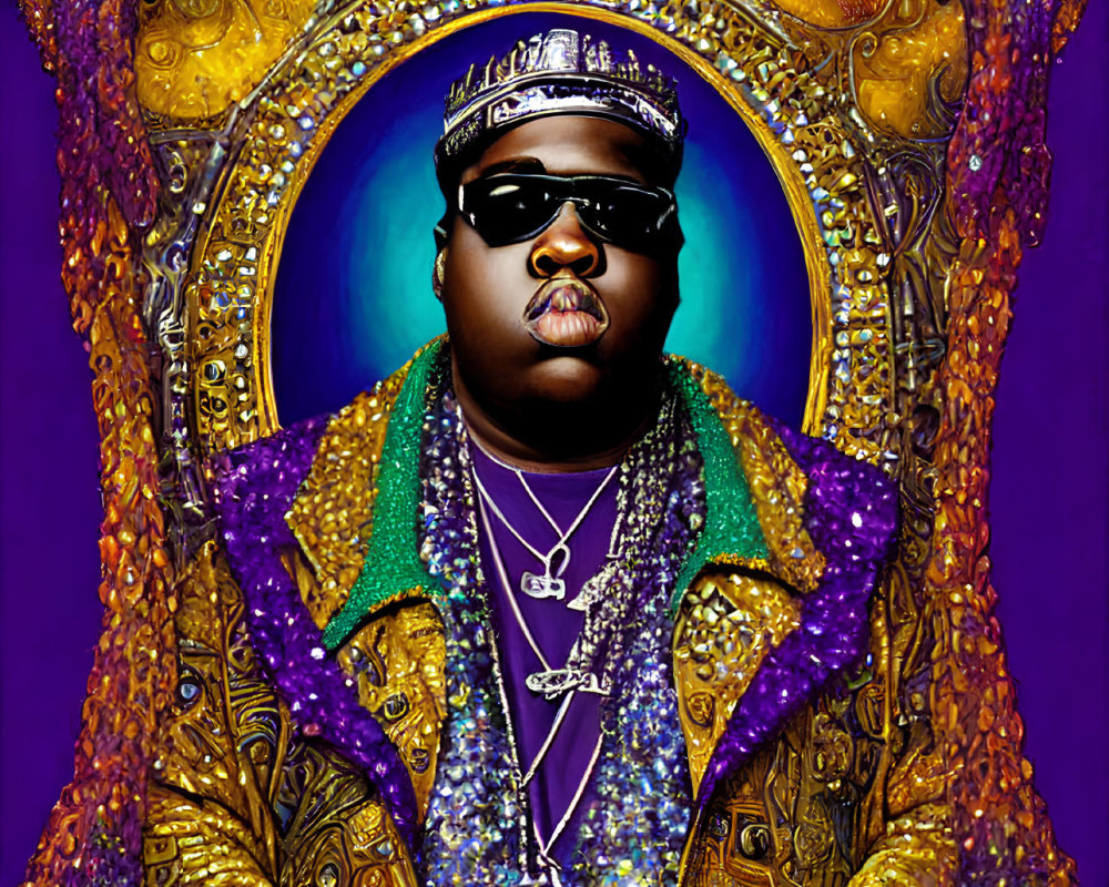 Vibrant portrait of a man in sunglasses and a crown, purple jacket, set against ornate