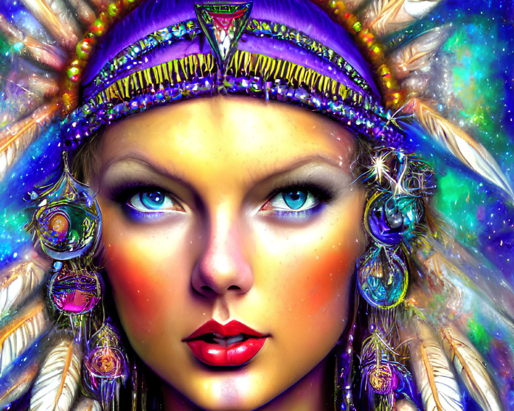 Colorful digital portrait of a woman with feather headdress and cosmic background