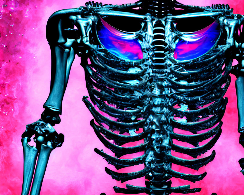 Glowing blue-eyed human skeleton on pink background