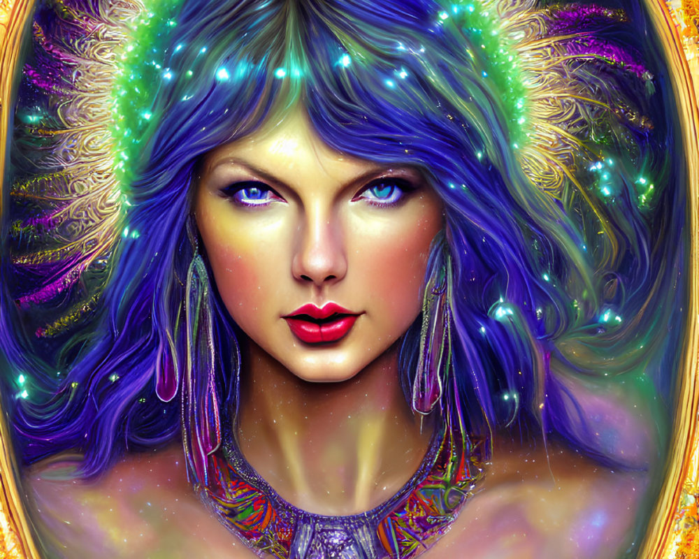 Colorful digital artwork: Woman with blue hair in golden frame with peacock feathers