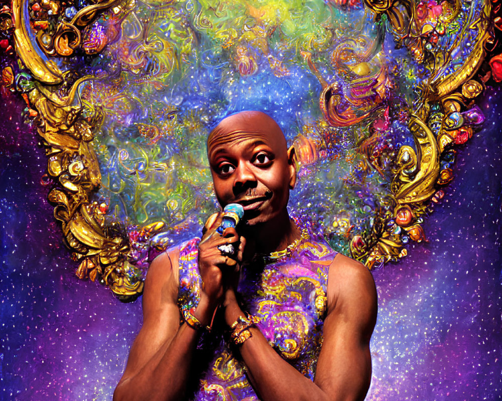 Shaven-headed person in front of cosmic background with golden heart frame and microphone