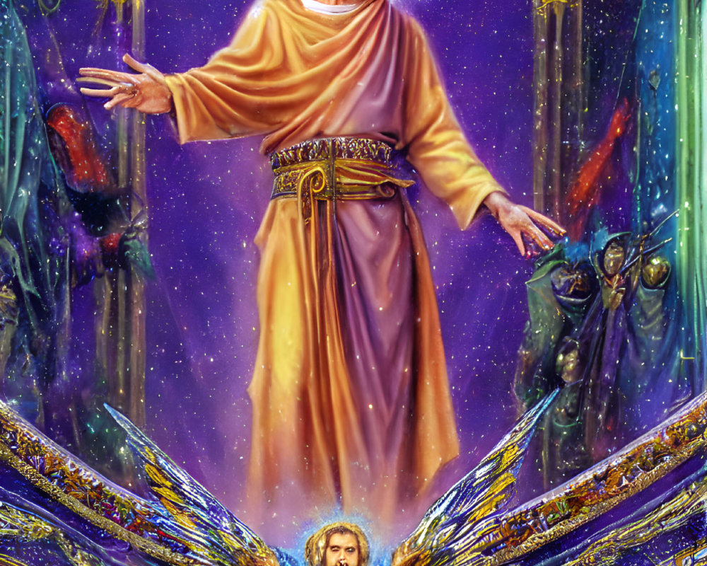 Religious illustration of figure in yellow and purple robe with outstretched arms above angelic figure against