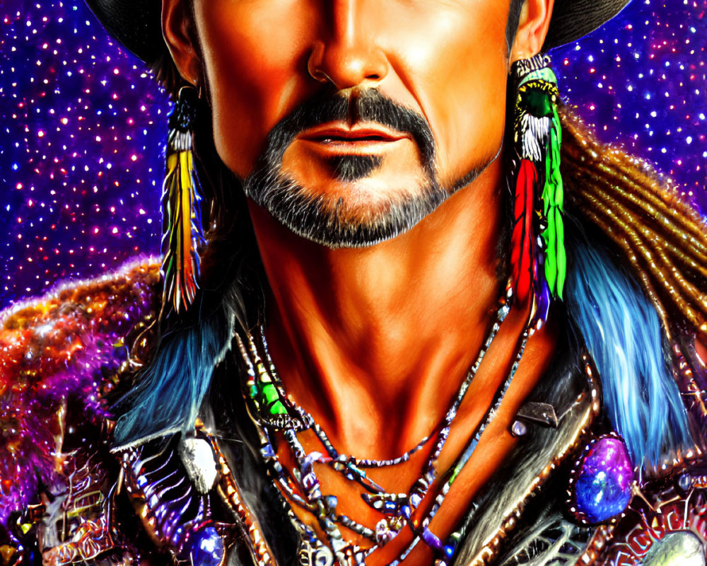 Colorful Portrait of Man in Cowboy Hat with Mustache & Jewelry