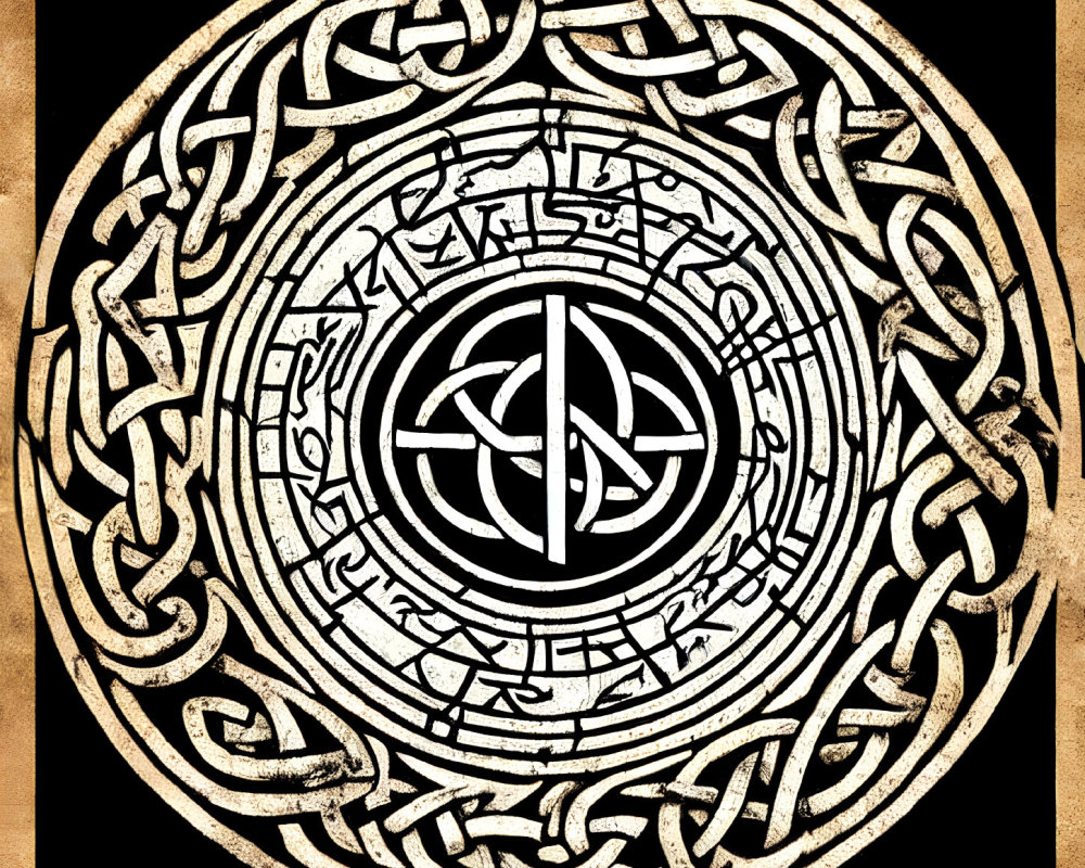 Intricate Celtic knot design with runes on parchment background