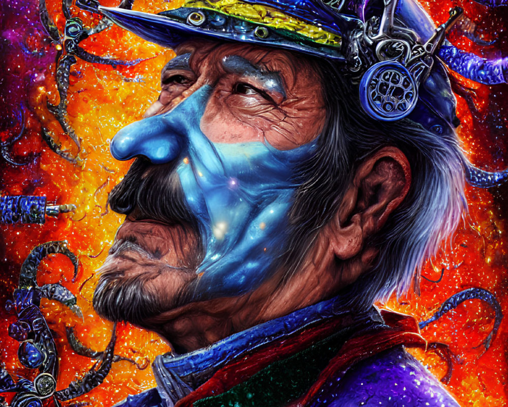 Colorful man with steampunk hat and galaxy face paint in cosmic setting