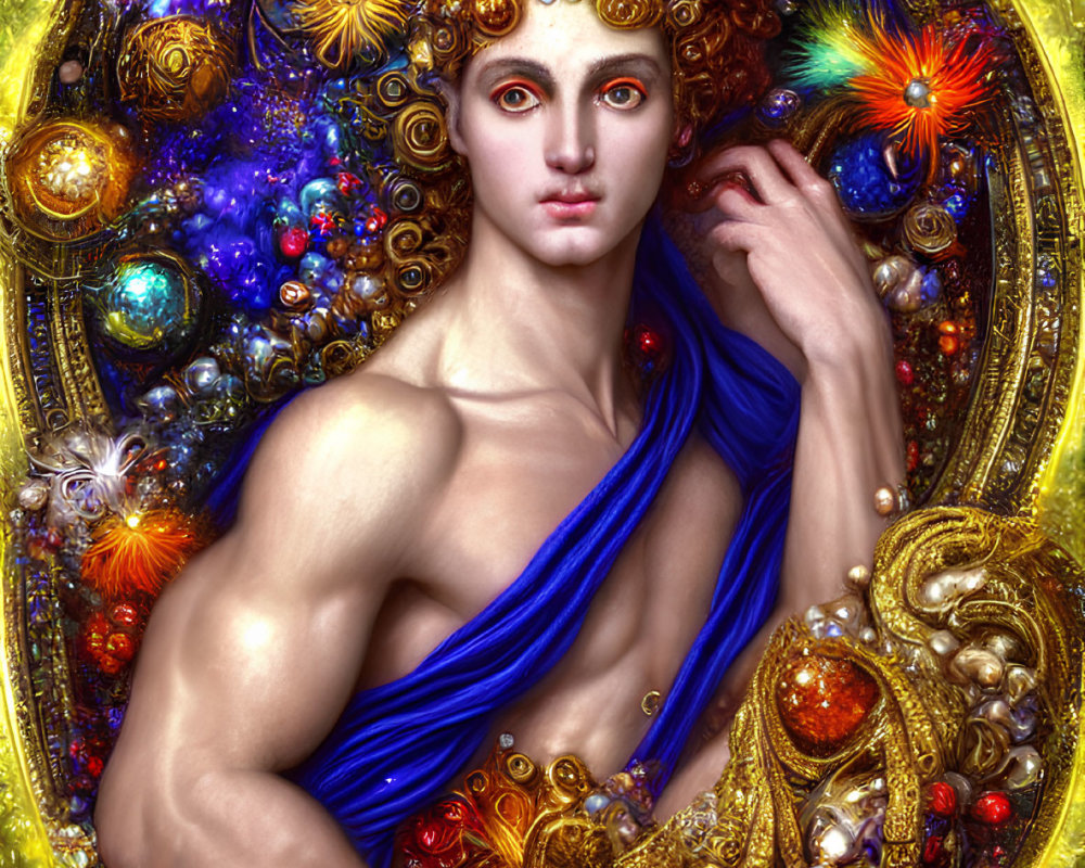 Colorful artwork featuring person with curly hair in blue cloth with cosmic elements