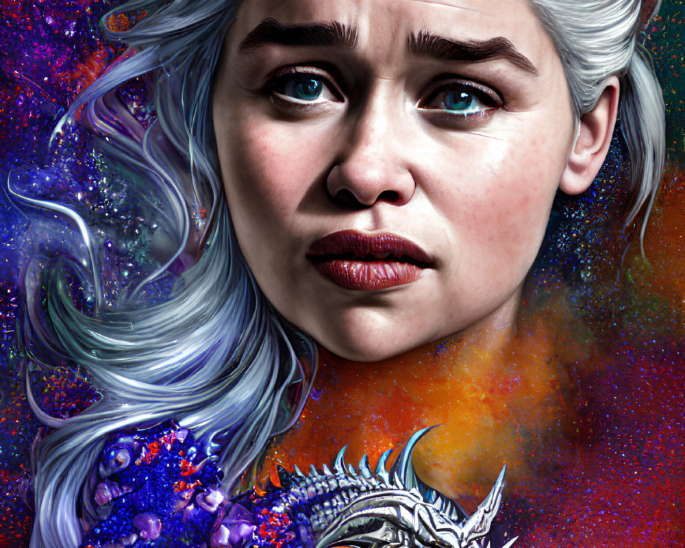 Silver-haired woman and silver dragon in cosmic scene