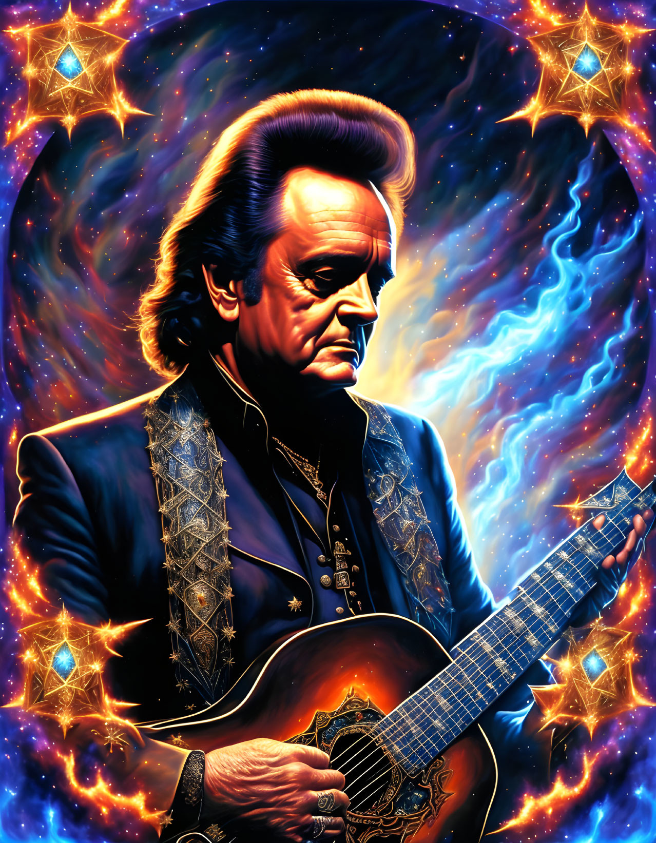 Stylized portrait of a man with guitar in cosmic setting