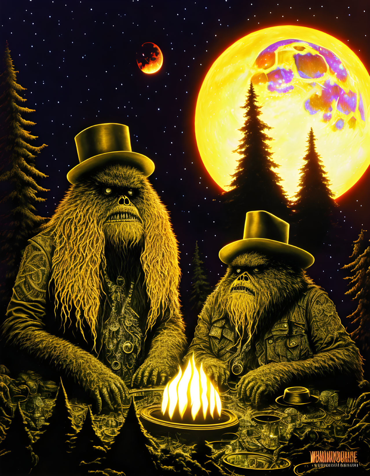 Stylized mythical creatures in vintage attire by fire under moonlit sky