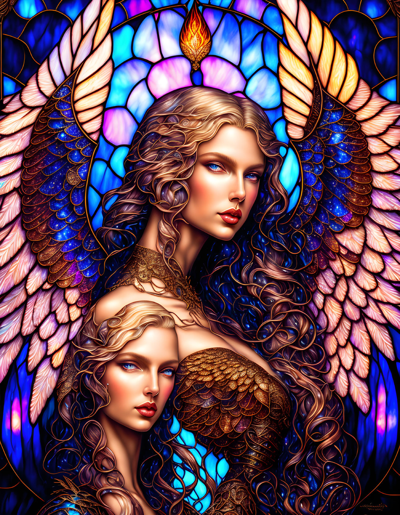 Digital Artwork: Angelic Figures with Golden Hair and Blue Wings