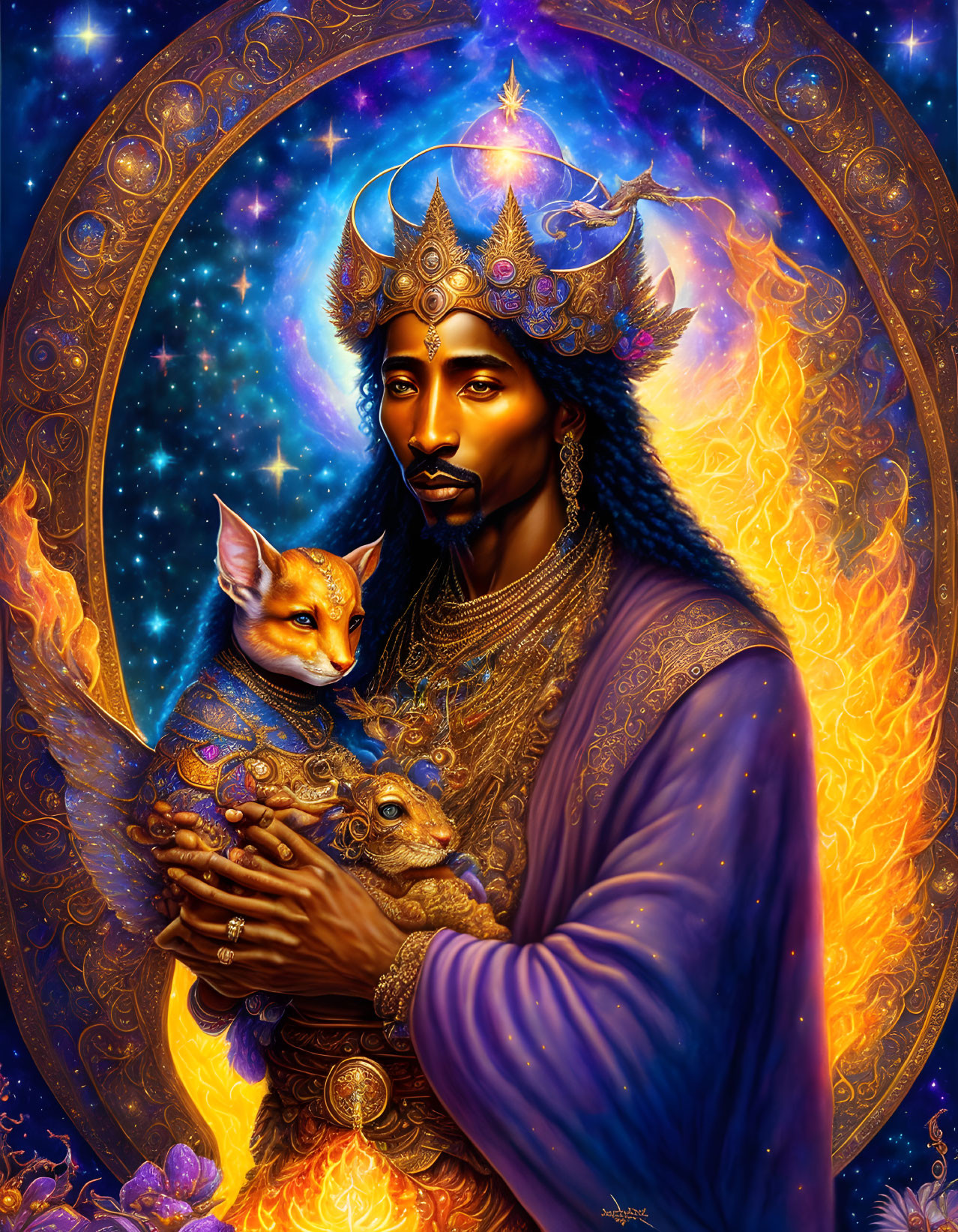 Regal man with golden crown holding mystical fox-like creatures in cosmic setting