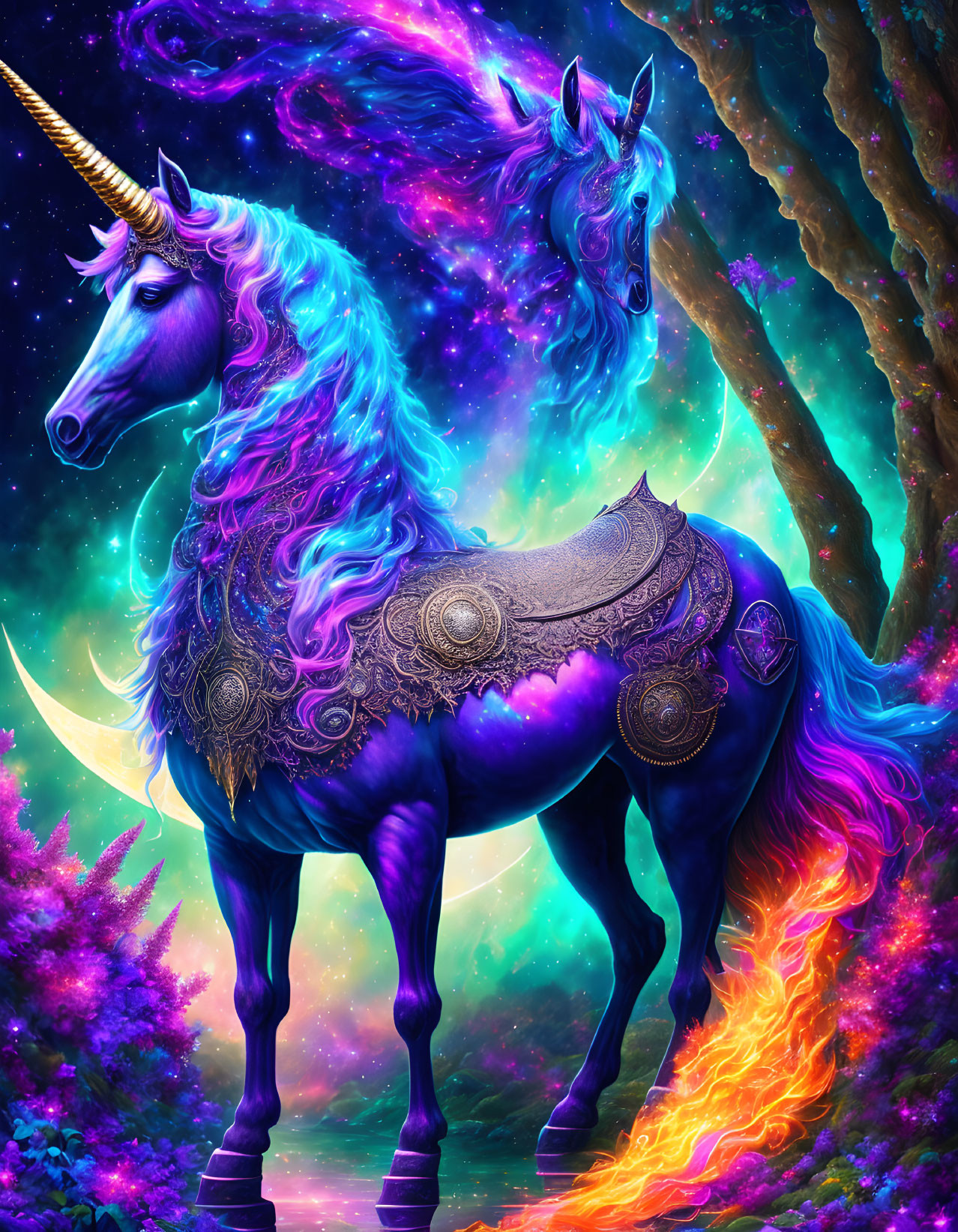 Fantastical unicorn with cosmic-themed mane and fiery river scene