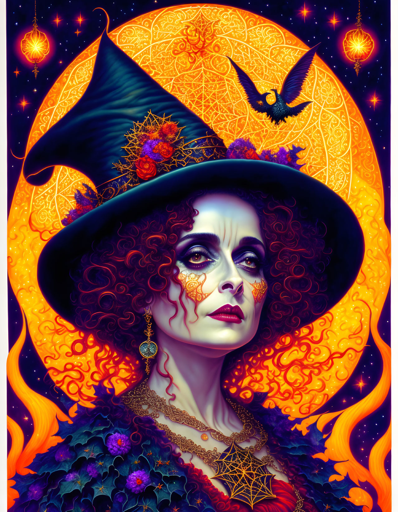 Dark Makeup Woman in Halloween-themed Attire with Moon and Bat Hat