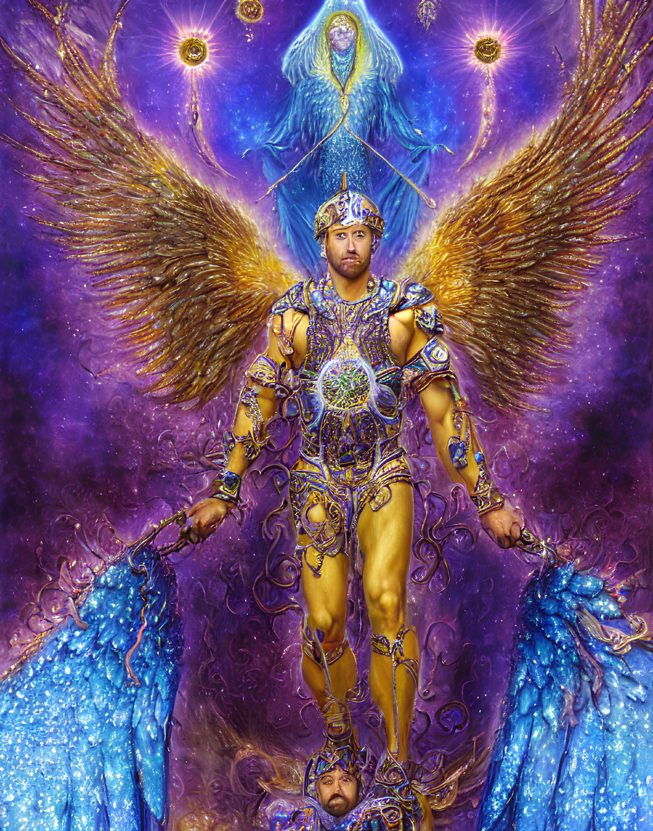 Man in opulent, gem-studded armor with wing motifs in cosmic setting.