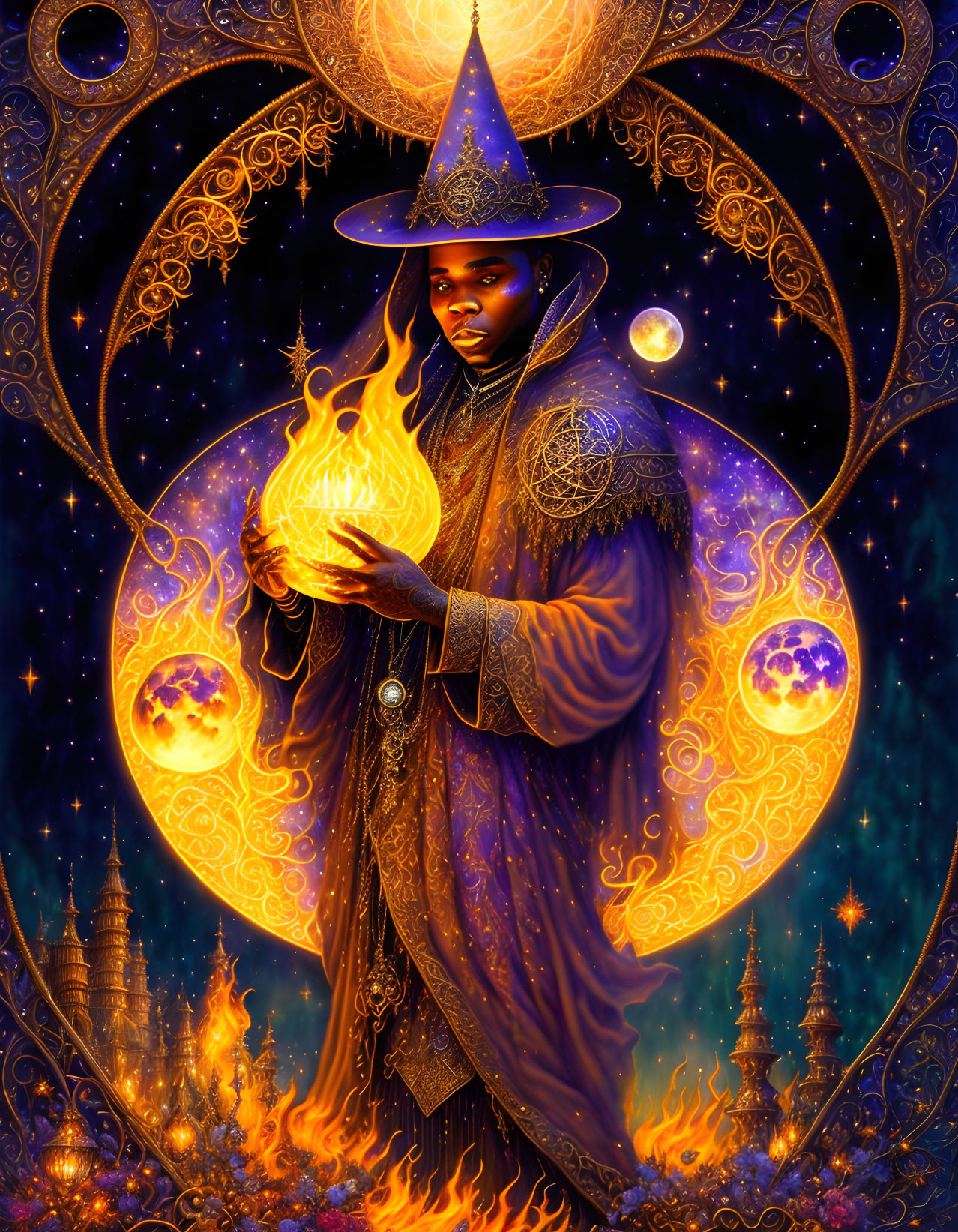 Mystical figure with glowing orb in fiery setting and celestial symbols