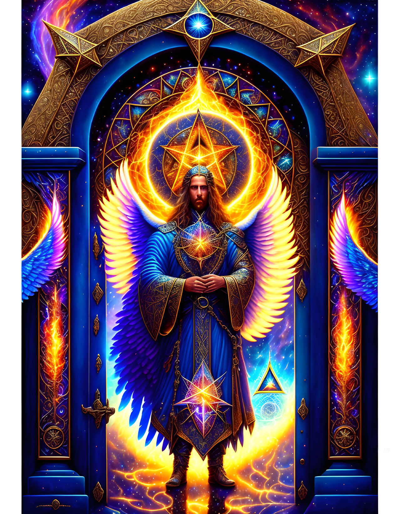 Ethereal figure with wings and ornate armor at cosmic doorway