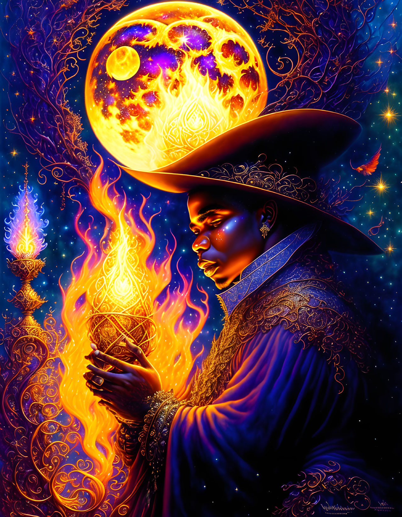 Mystical figure in luxurious robes with flaming torch under golden moon