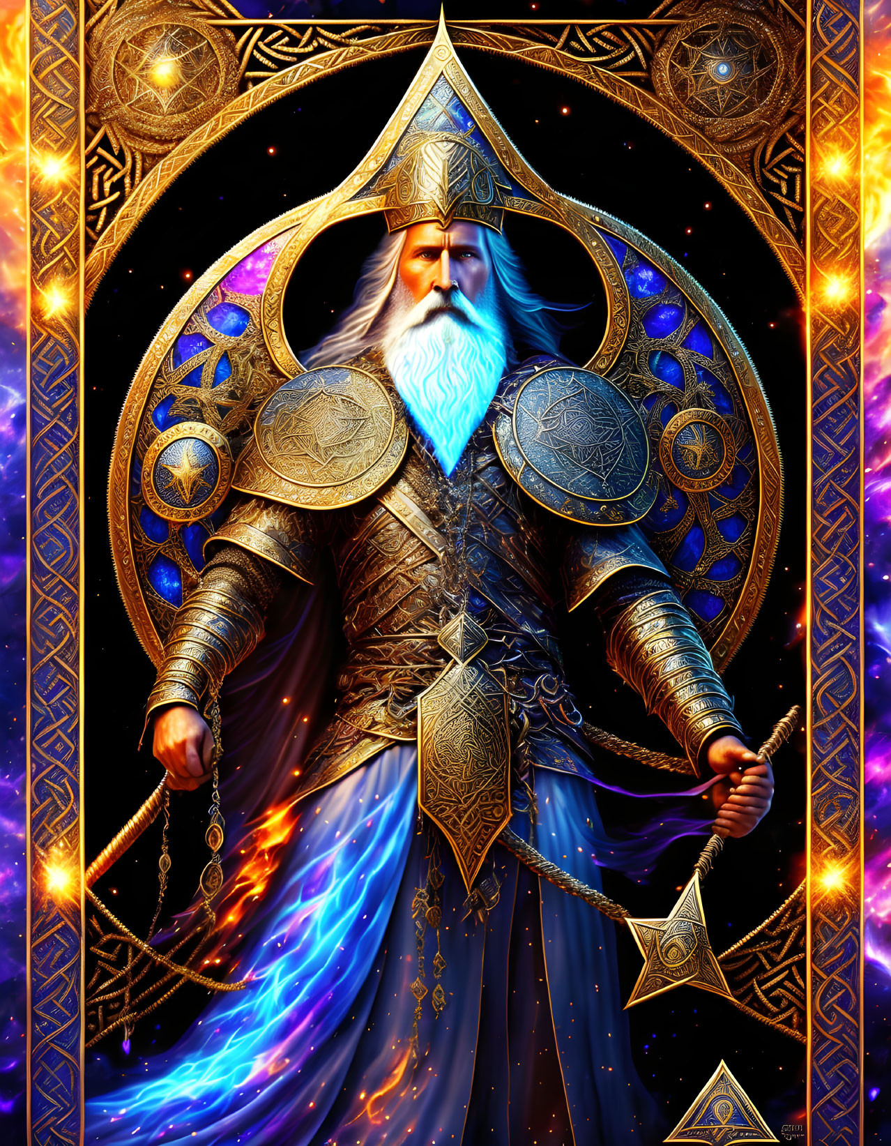 Illustrated wizard with long beard in ornate armor and cosmic robe holding celestial chains.