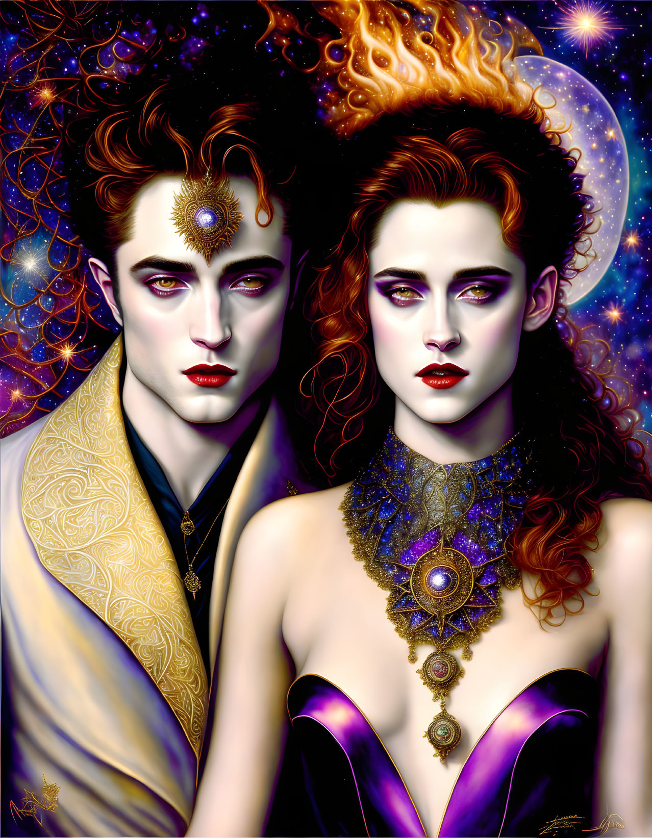 Stylized portrait of pale vampire couple with fiery and bronze hair, ornate jewelry, cosmic backdrop