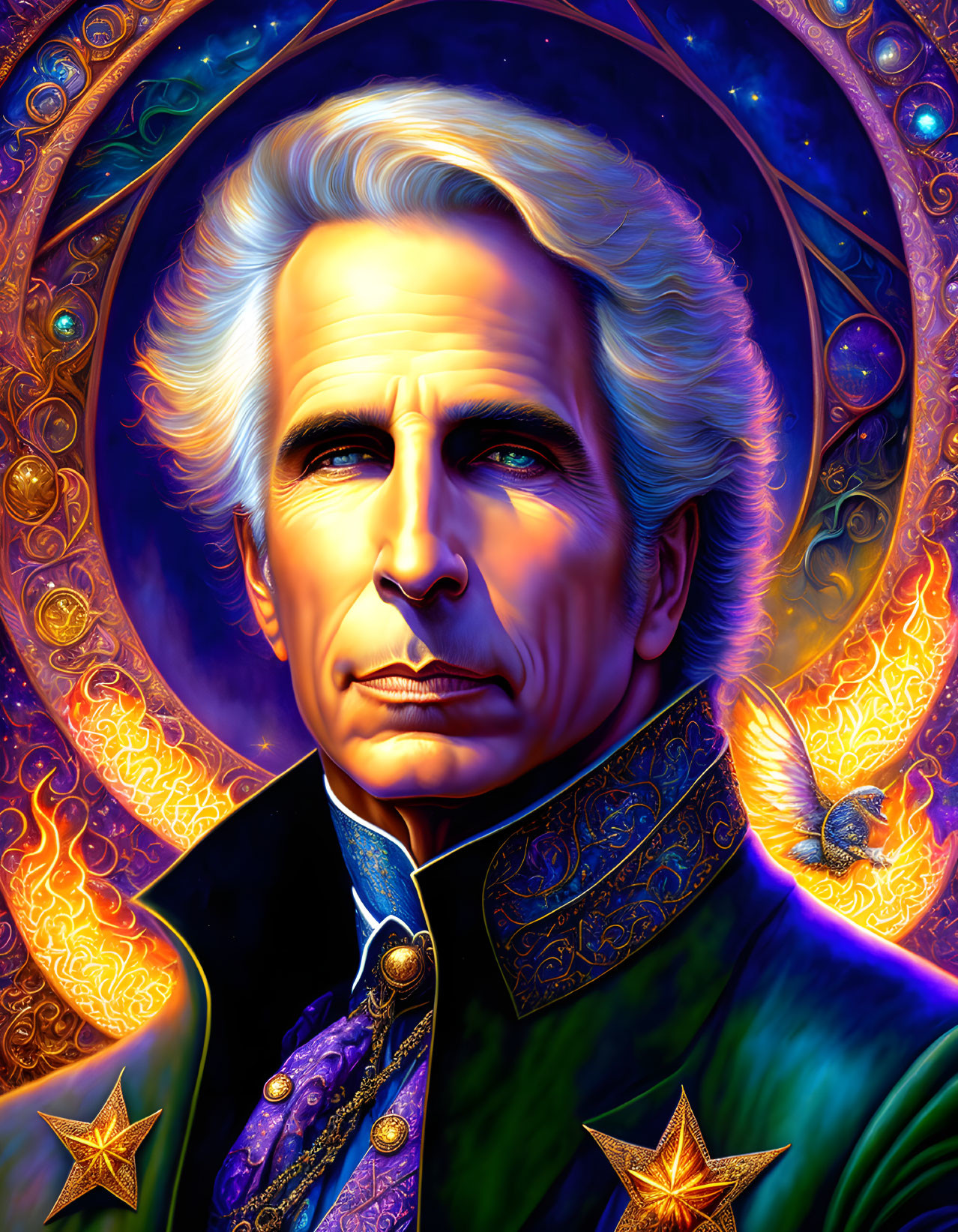 Silver-haired man in formal attire surrounded by celestial and flame motifs