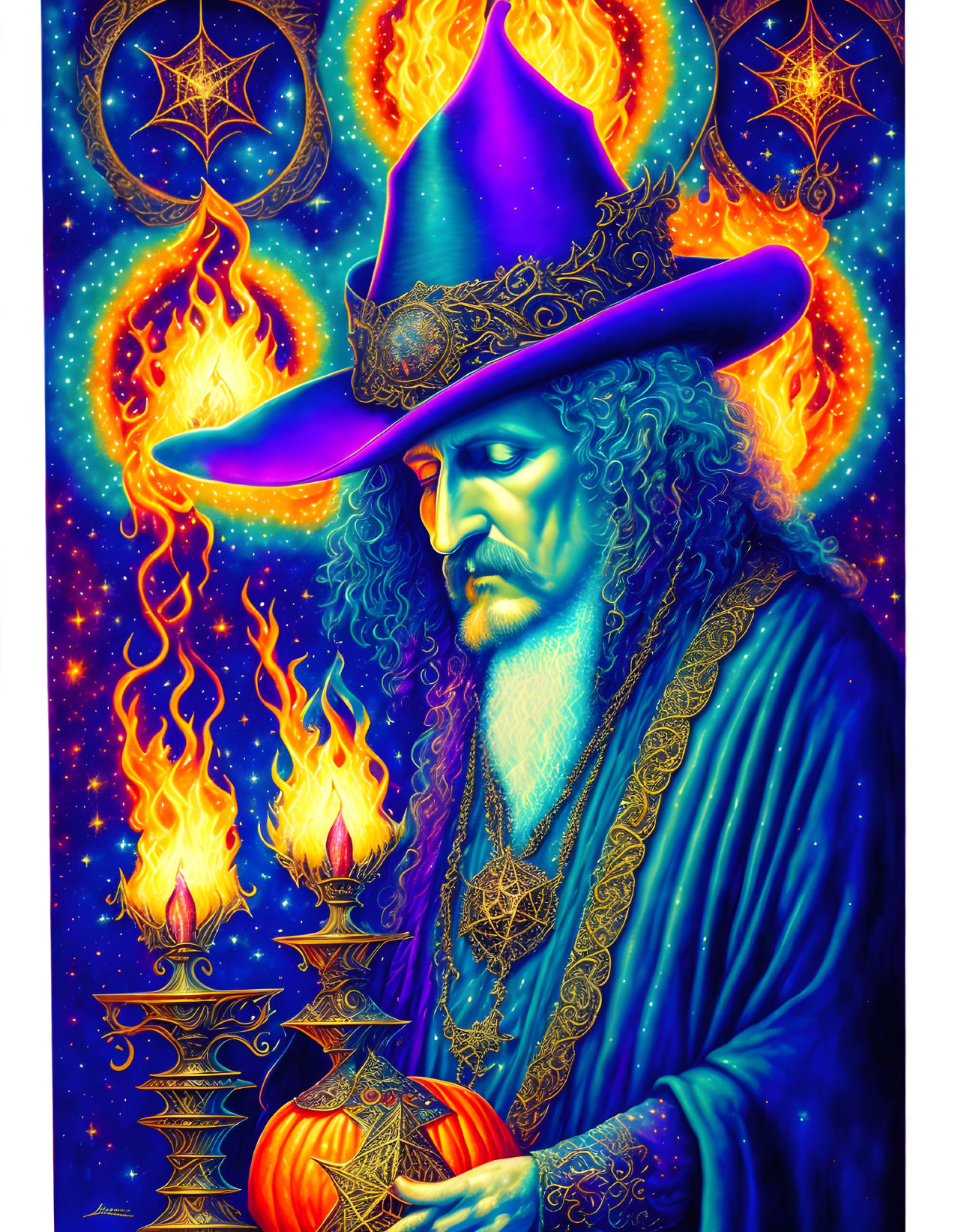 Colorful wizard with pumpkin in mystical setting.