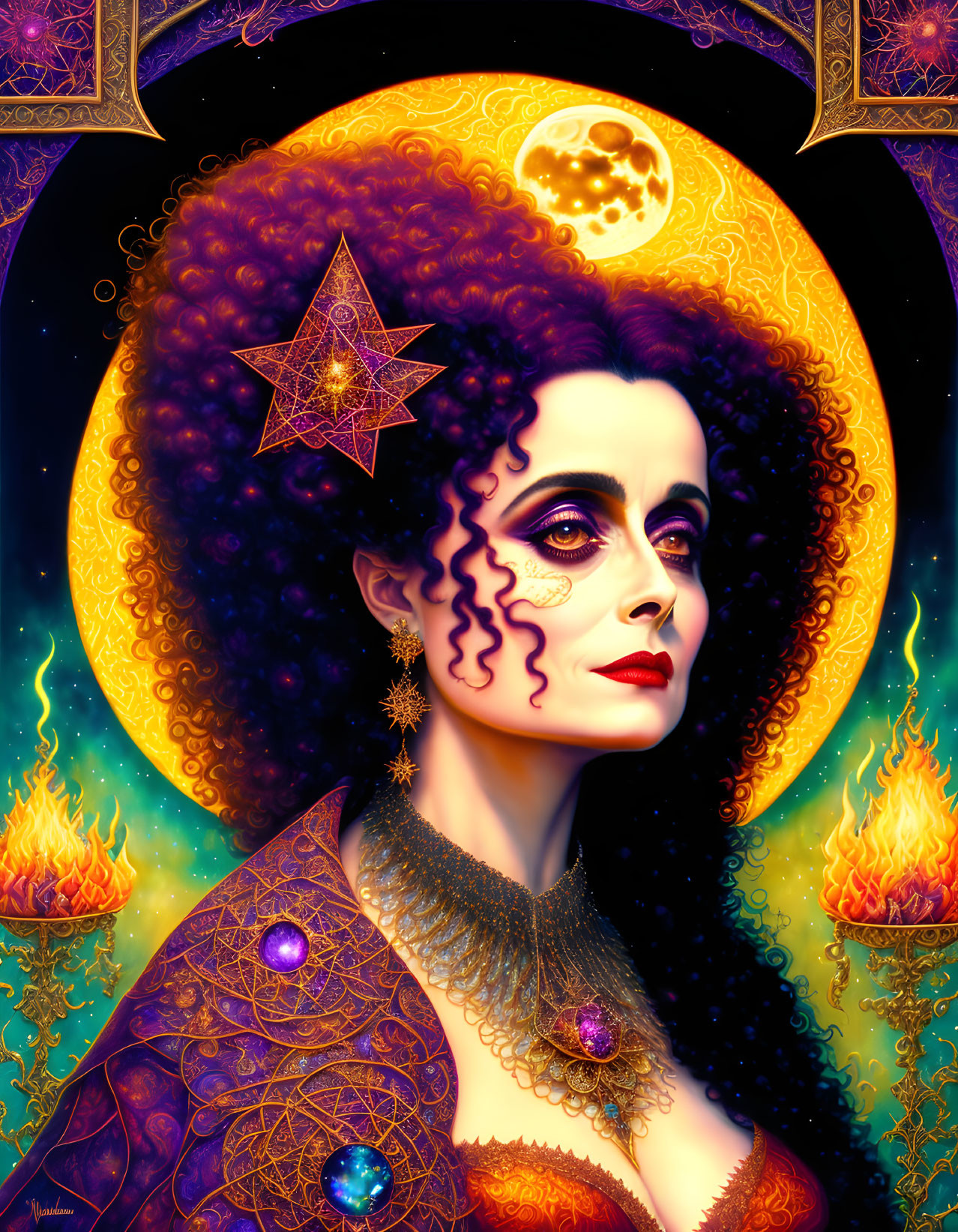 Illustration of woman with curly hair and star against full moon, with candles and patterns.