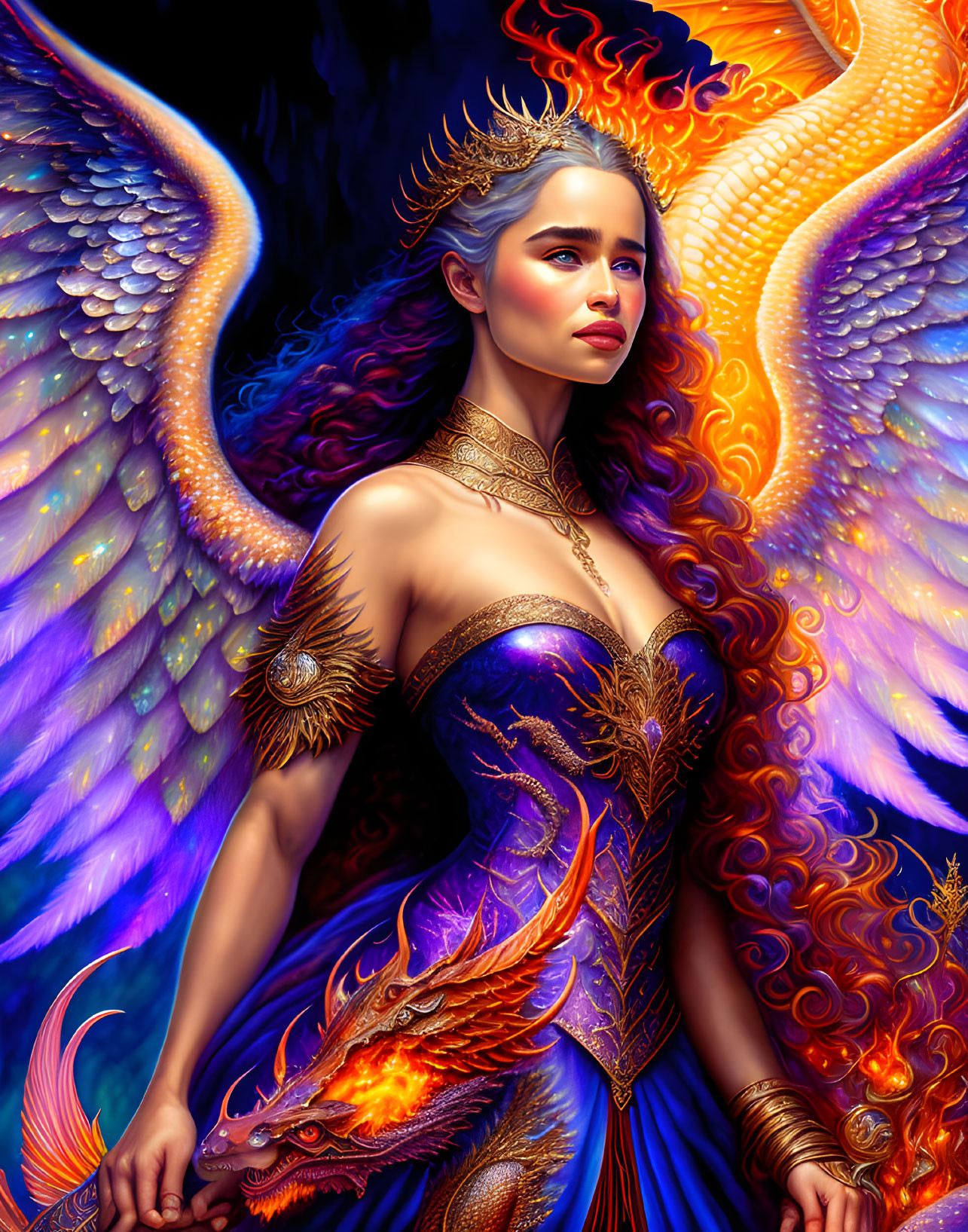 Regal woman with crown in fiery phoenix wings backdrop wearing elaborate dress