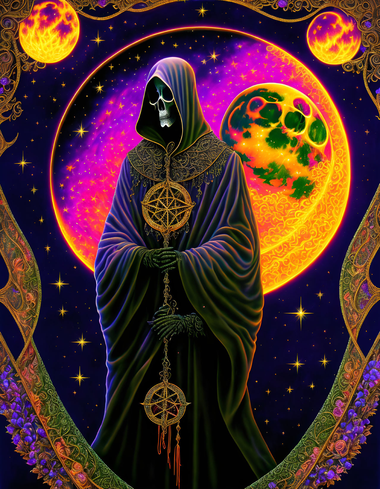 Skull-faced figure with pentagram staff in cosmic setting