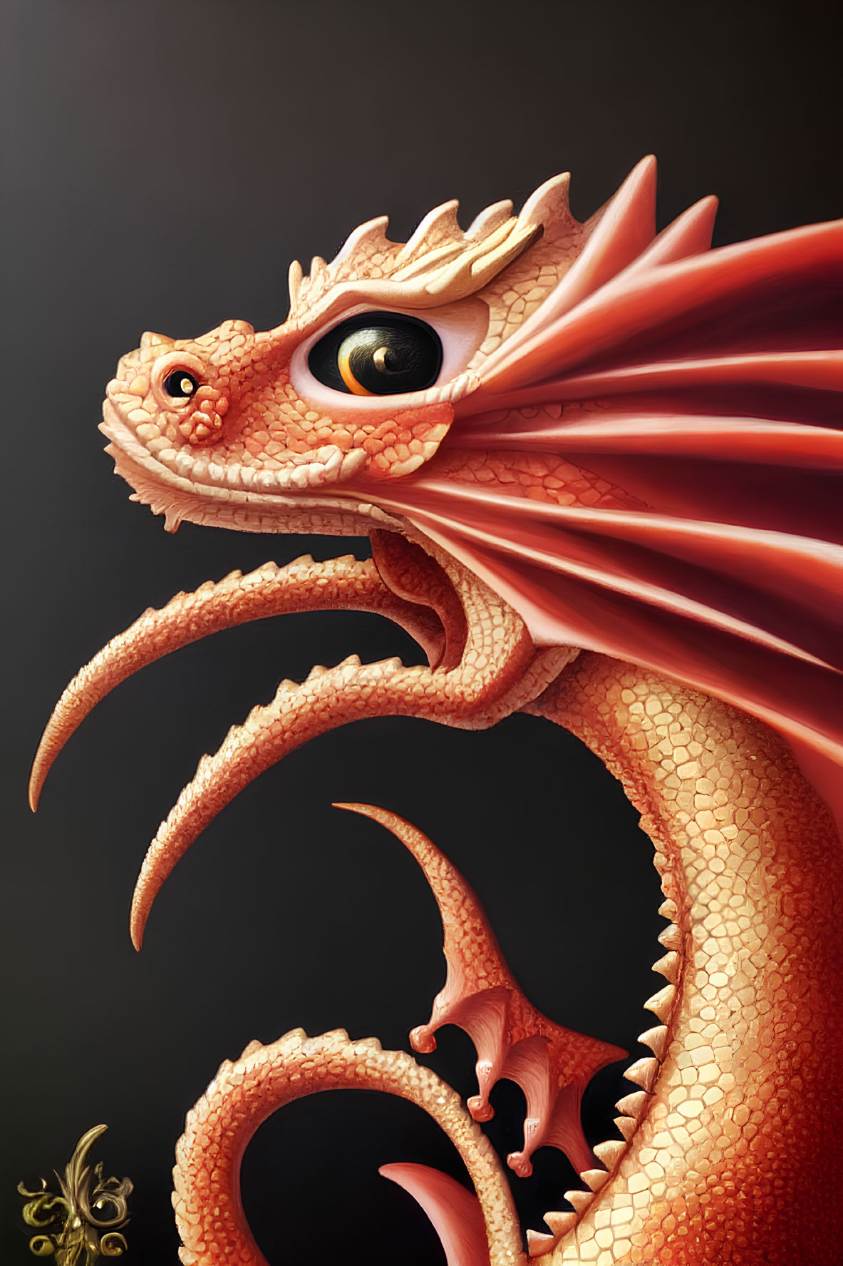 Detailed red-orange dragon with large yellow eyes and sharp claws