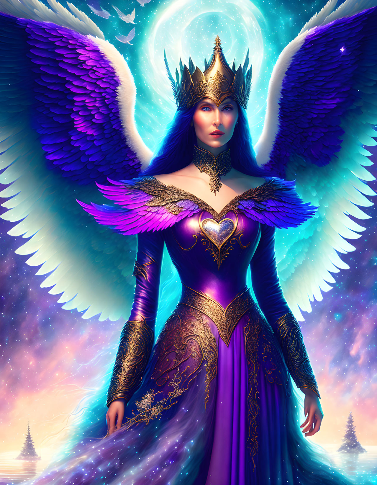 Winged queen in purple gown with celestial background