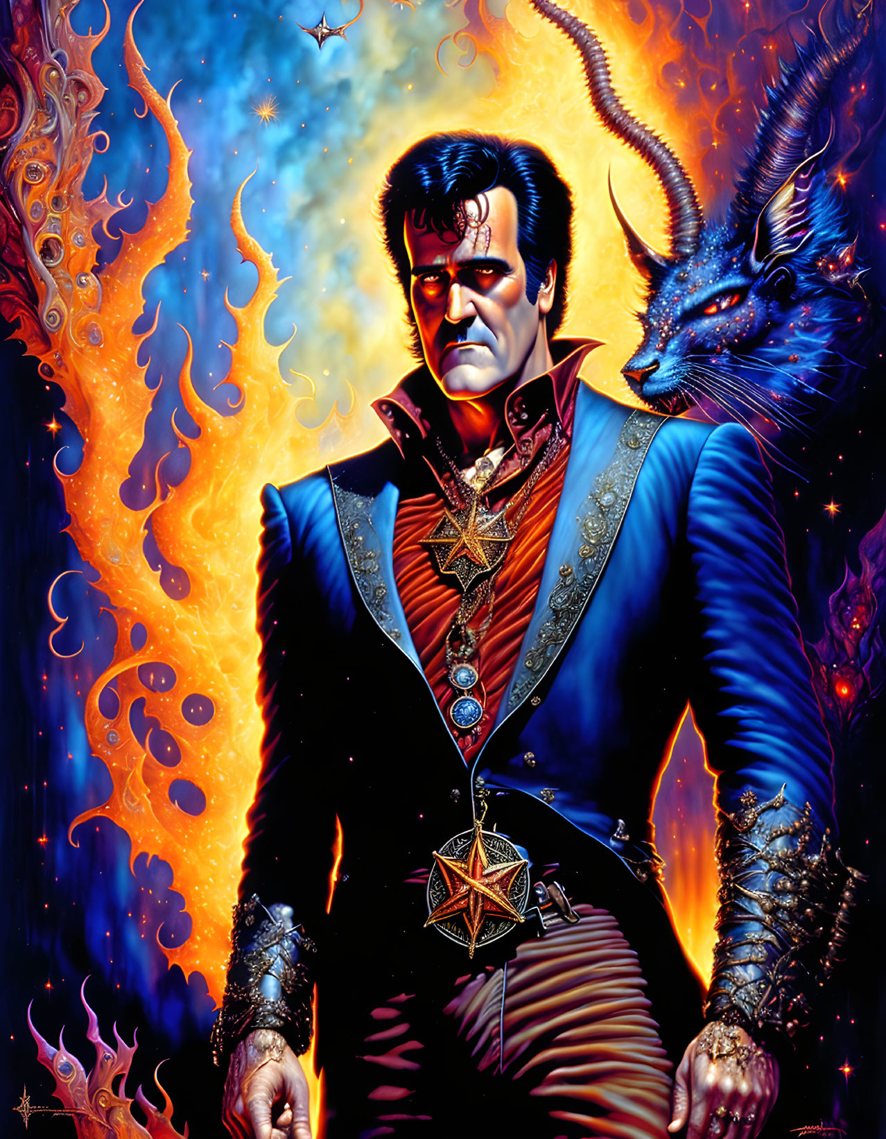 Futuristic flamboyant man with blue dragon and fiery backdrop