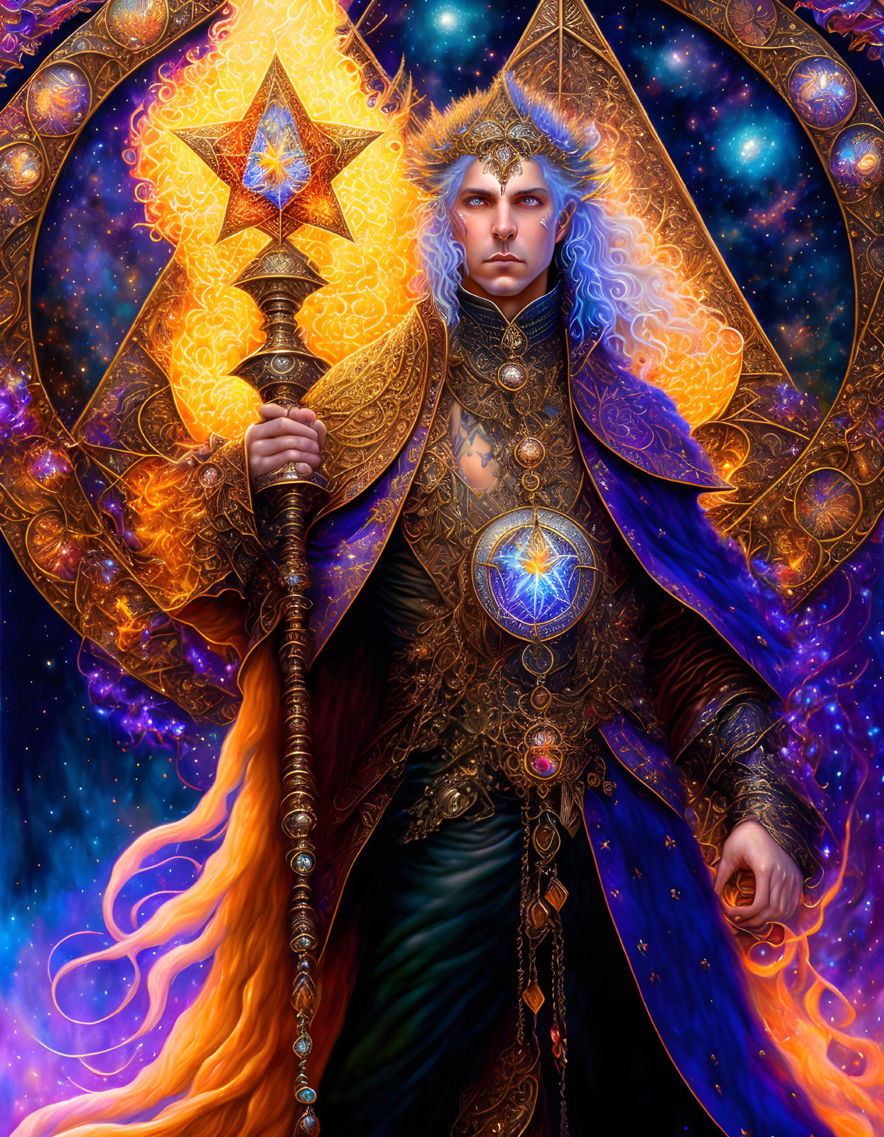 Mystical figure in gold and blue robes with cosmic accents