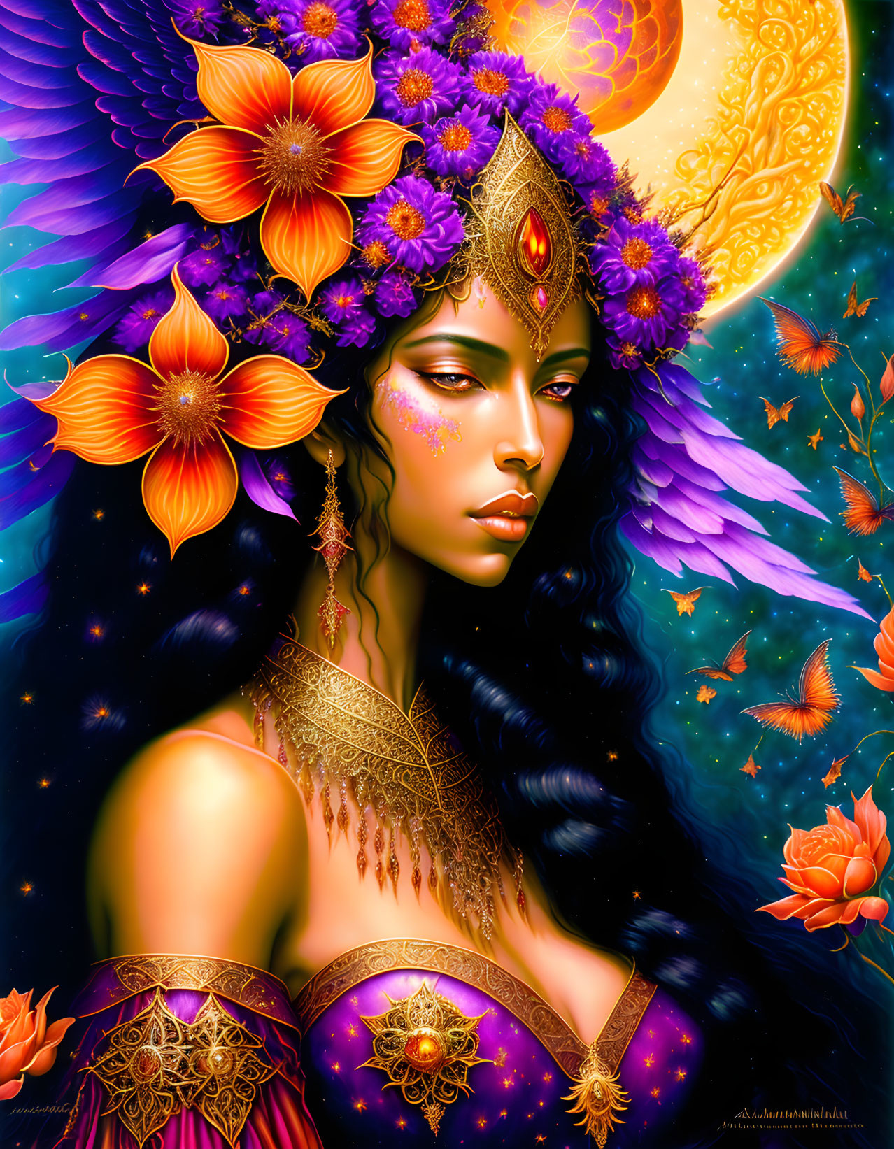 Colorful artwork of woman with gold jewelry and floral headdress in cosmic setting.