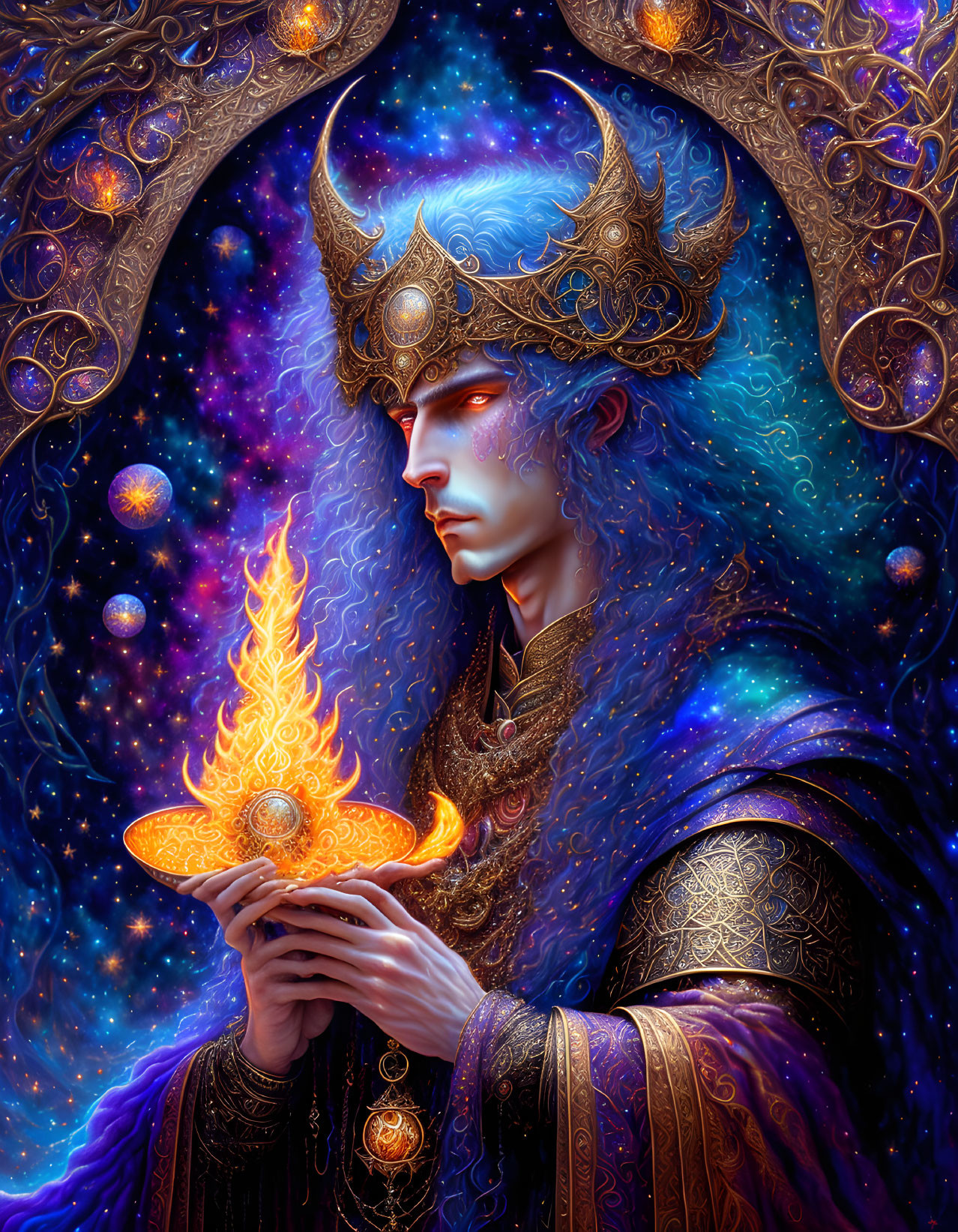 Blue-skinned figure with fiery object amidst cosmic motifs and golden patterns