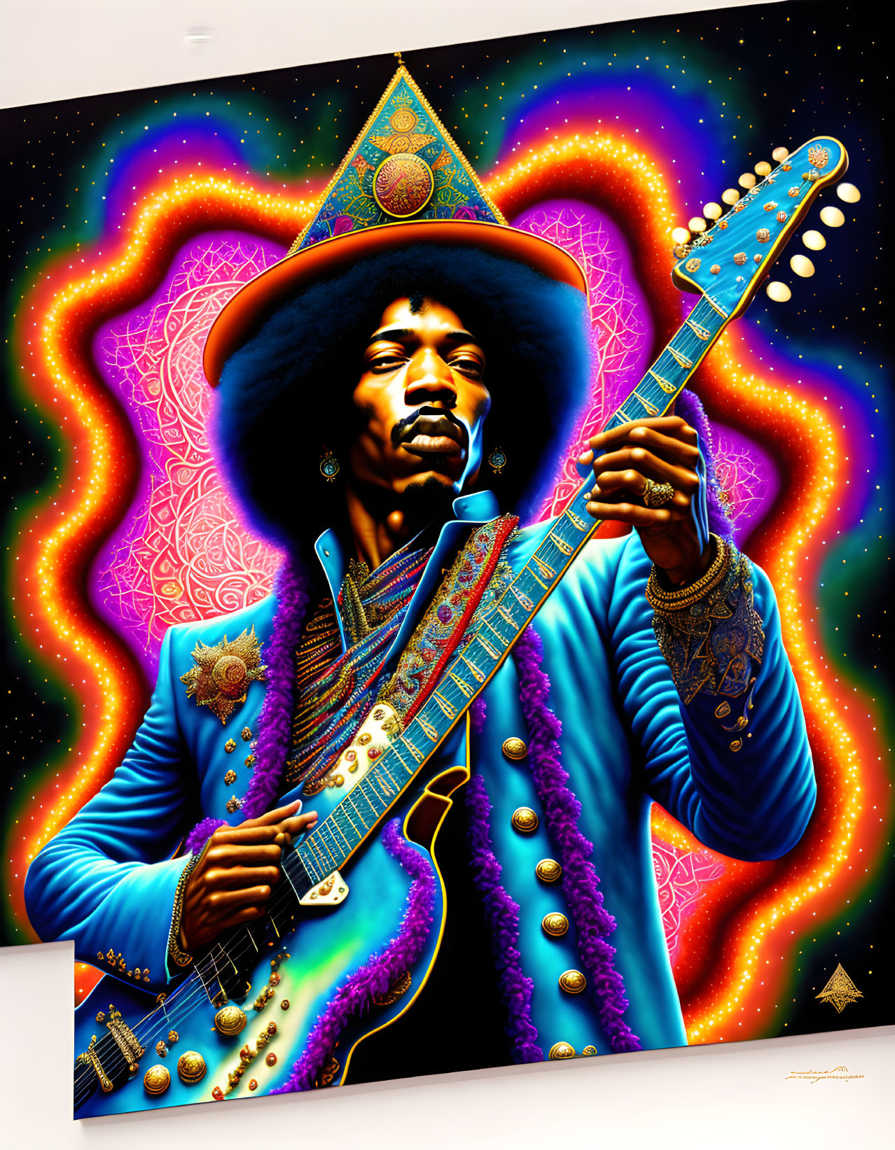 Colorful artwork featuring a man with a guitar and cosmic patterns