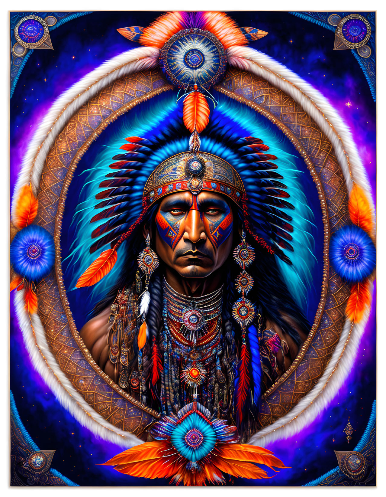 Colorful Native American Chief Illustration with Cosmic and Tribal Motifs