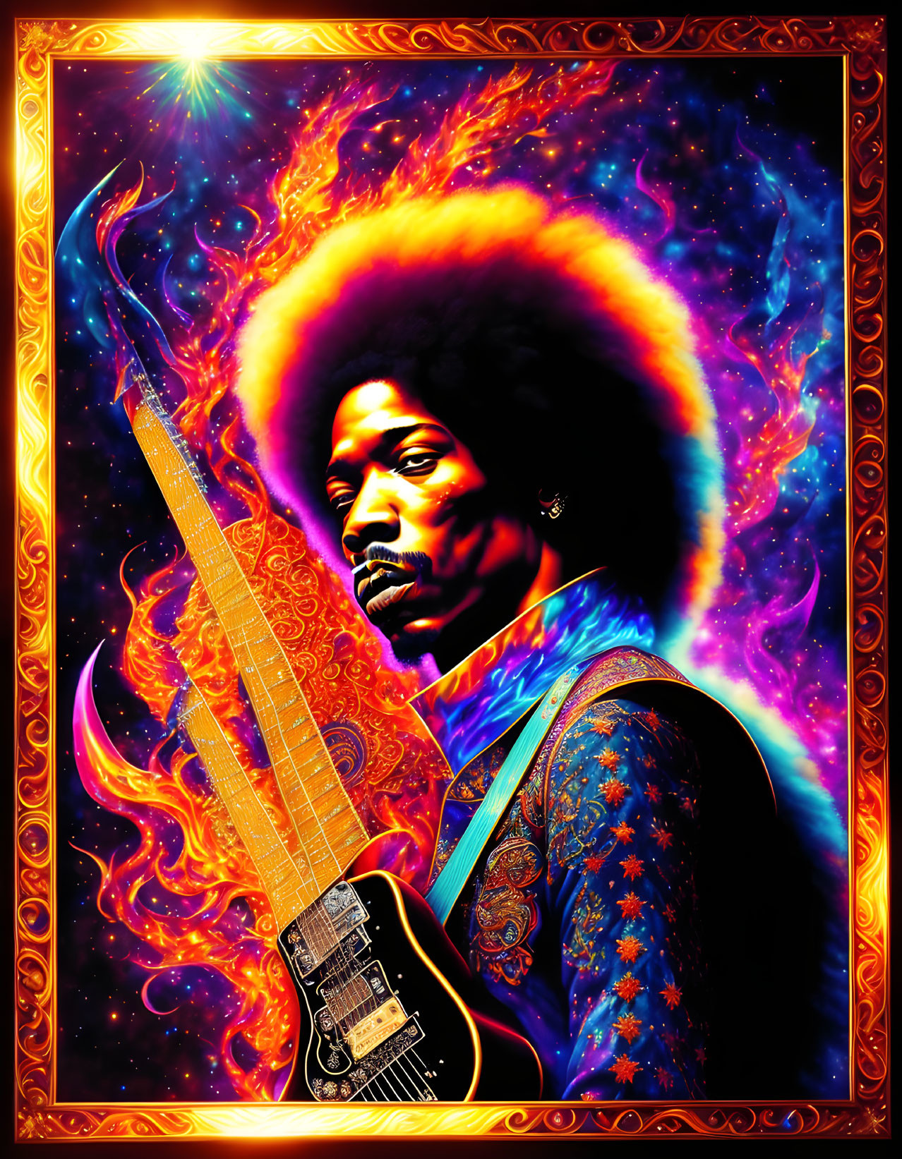 Colorful Psychedelic Portrait of Man with Afro and Guitar