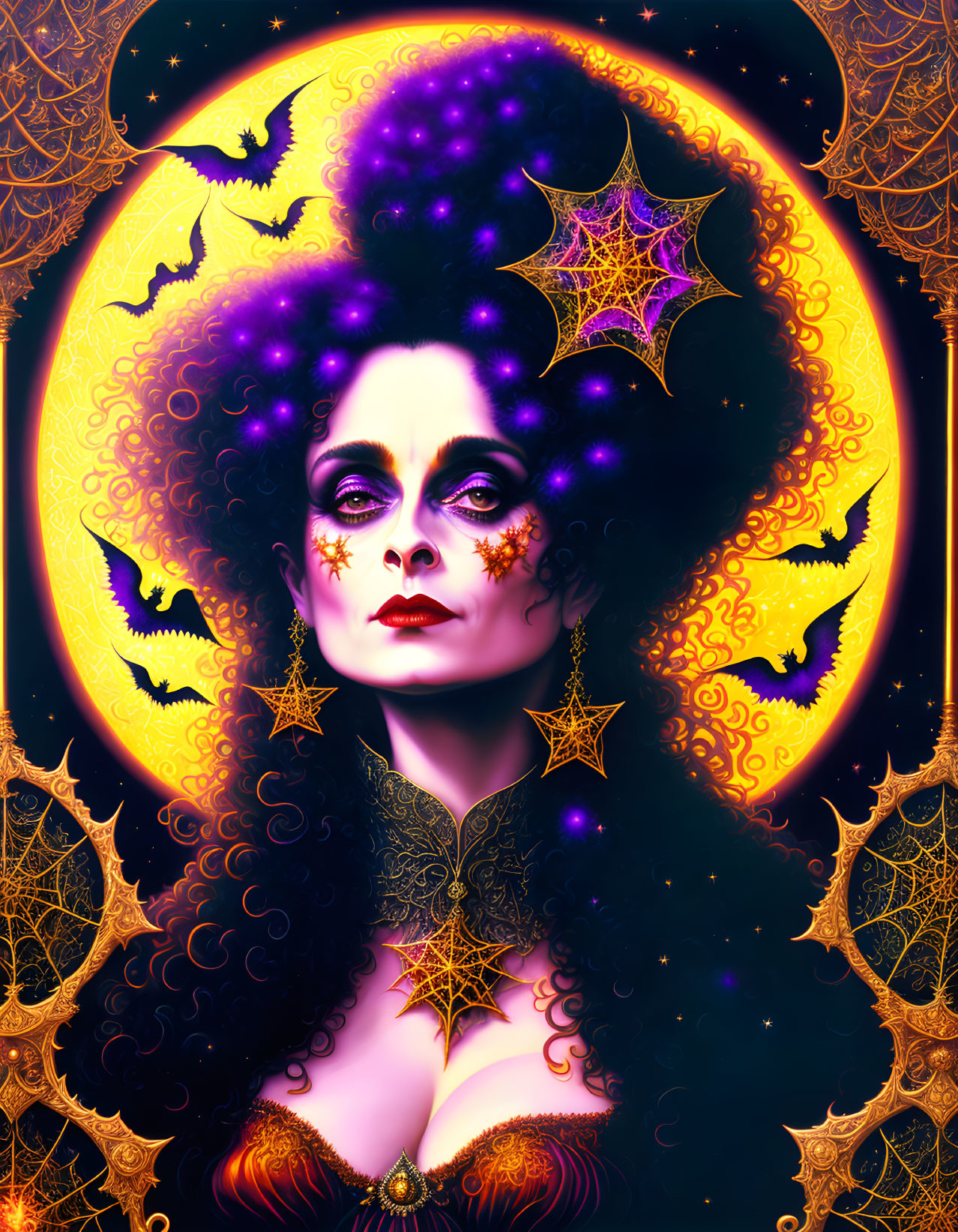 Colorful Halloween-themed woman surrounded by bats and mystical elements