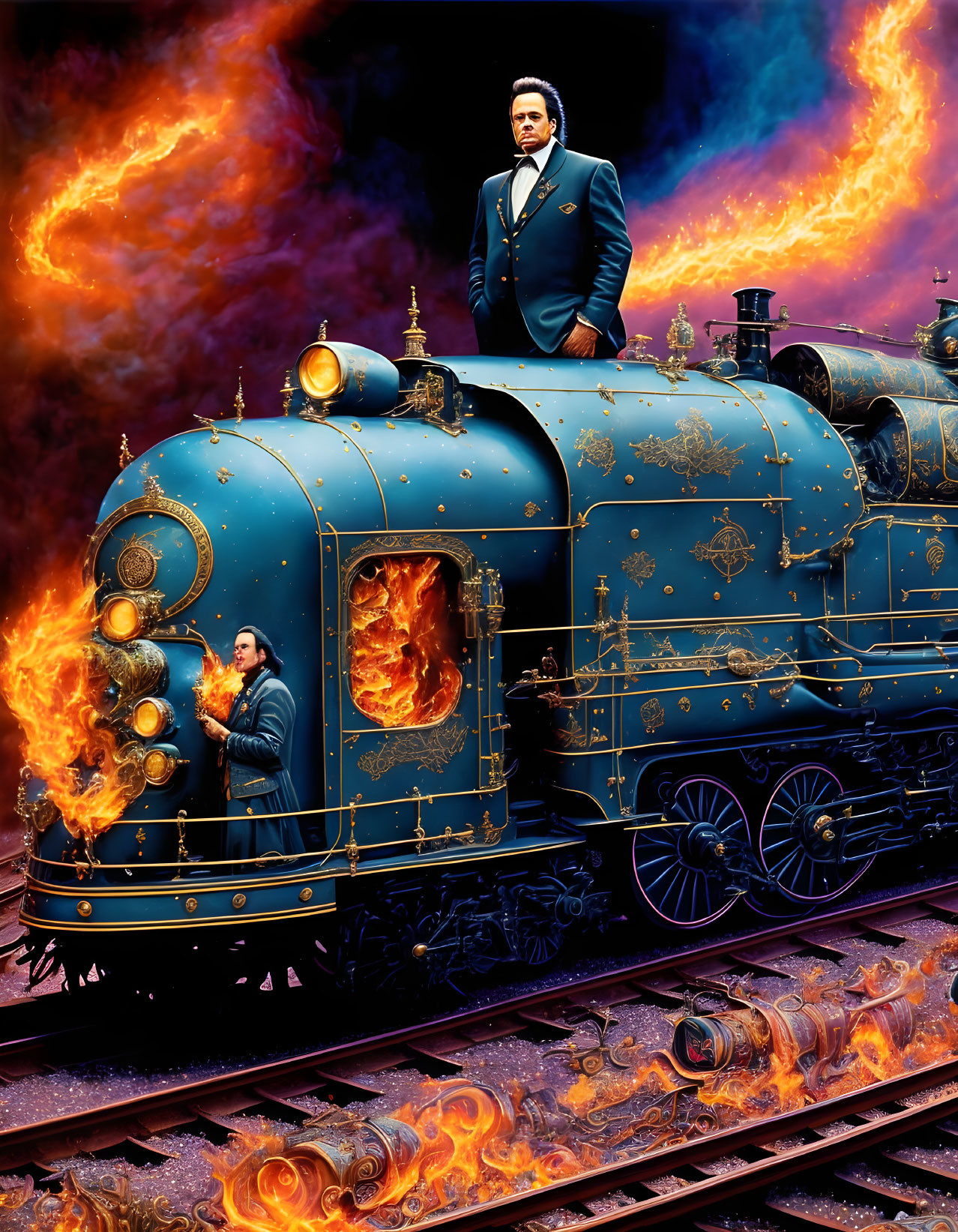 Man by ornate blue steam train engulfed in flames